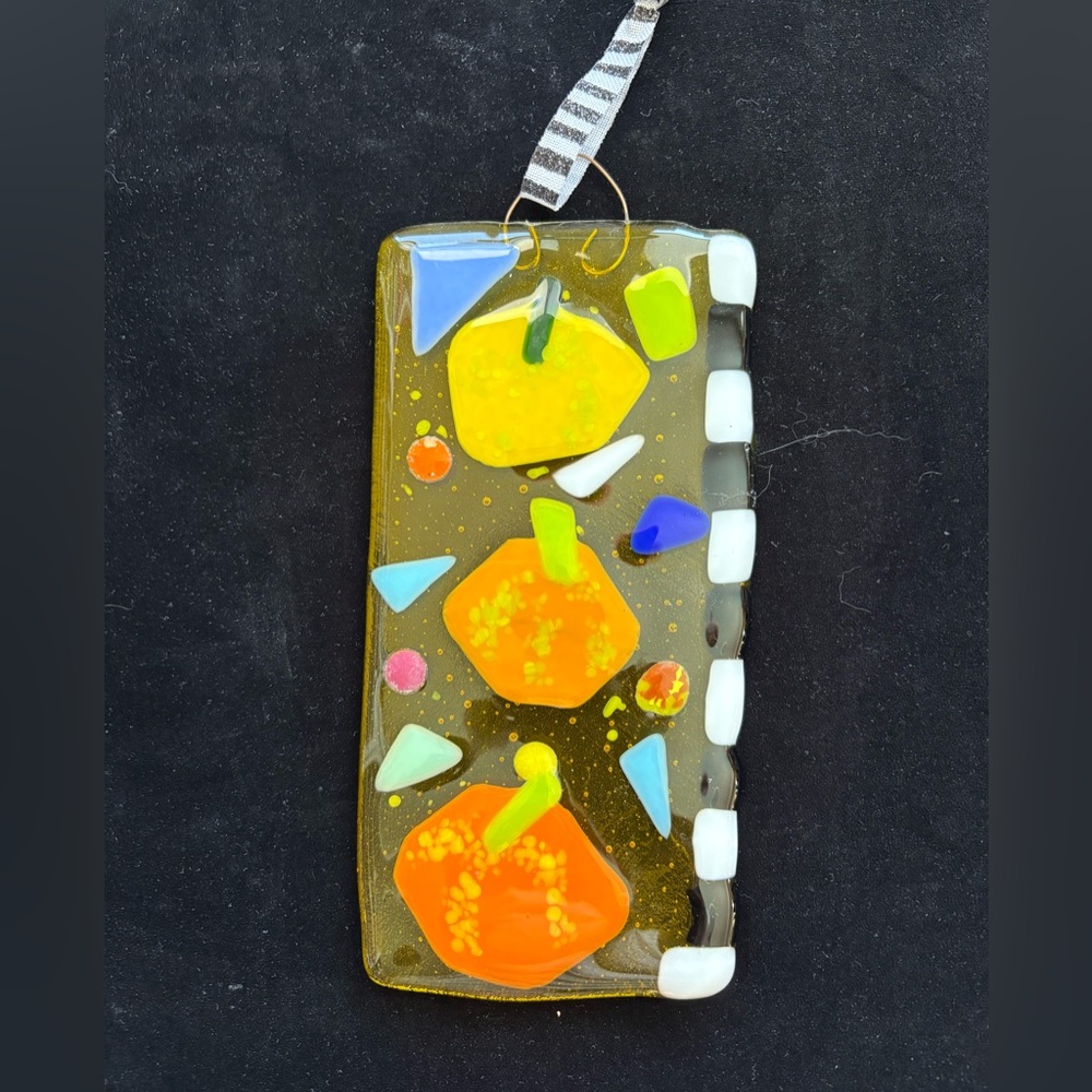 Pumpkins” Fused Art Glass  Handmade Hanging Plaque 8”x 3” Pumpkin Design Yellow